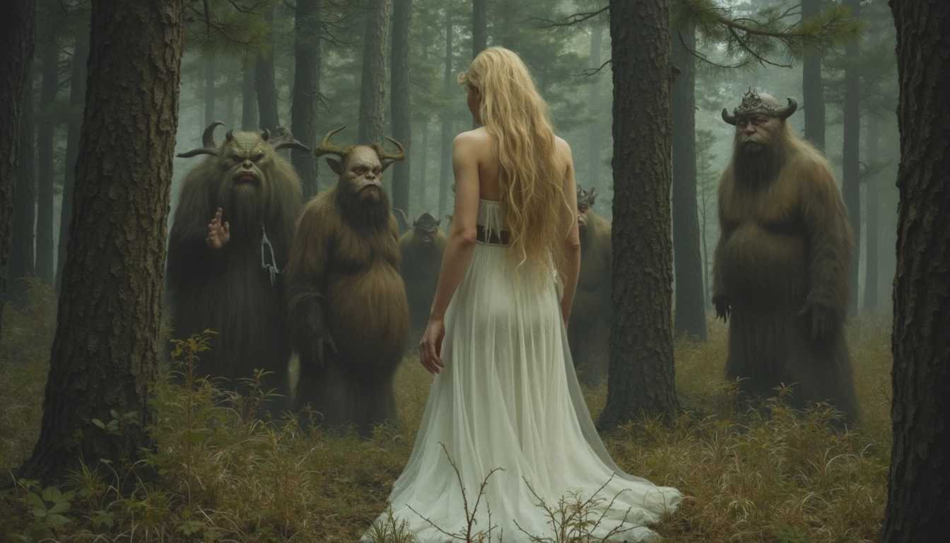john bauer, nude frail white-skinned princess with long golden hair in the dark pine forest with a group of Nordic trolls

