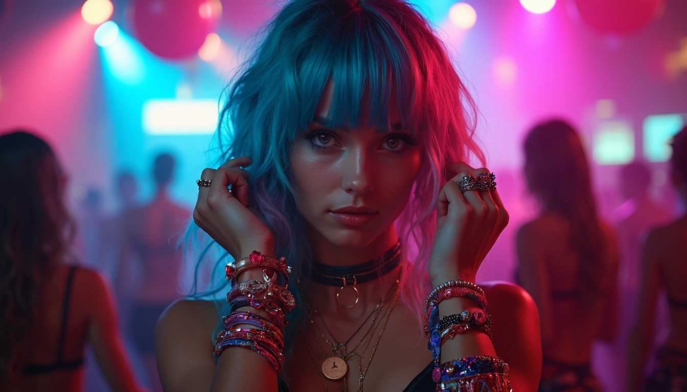 Create a vibrant and dynamic scene set in an electrifying nightclub environment at night. The focal point is a topless girl with strikingly colorful hair, cascading in hues of electric blue, vibrant pink, and brilliant green. She wears an array of eye-catching, colorful jewelry that sparkles under the club lights – chunky bracelets, oversized rings, and large hoop earrings that catch the light with every movement.