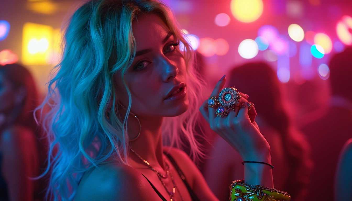 Create a vibrant and dynamic scene set in an electrifying nightclub environment at night. The focal point is a topless girl with strikingly colorful hair, cascading in hues of electric blue, vibrant pink, and brilliant green. She wears an array of eye-catching, colorful jewelry that sparkles under the club lights – chunky bracelets, oversized rings, and large hoop earrings that catch the light with every movement.