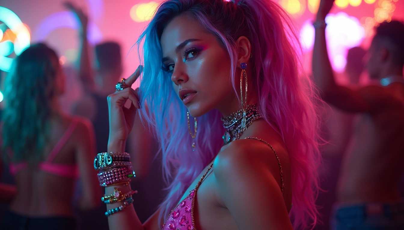 Create a vibrant and dynamic scene set in an electrifying nightclub environment at night. The focal point is a topless girl with strikingly colorful hair, cascading in hues of electric blue, vibrant pink, and brilliant green. She wears an array of eye-catching, colorful jewelry that sparkles under the club lights – chunky bracelets, oversized rings, and large hoop earrings that catch the light with every movement.