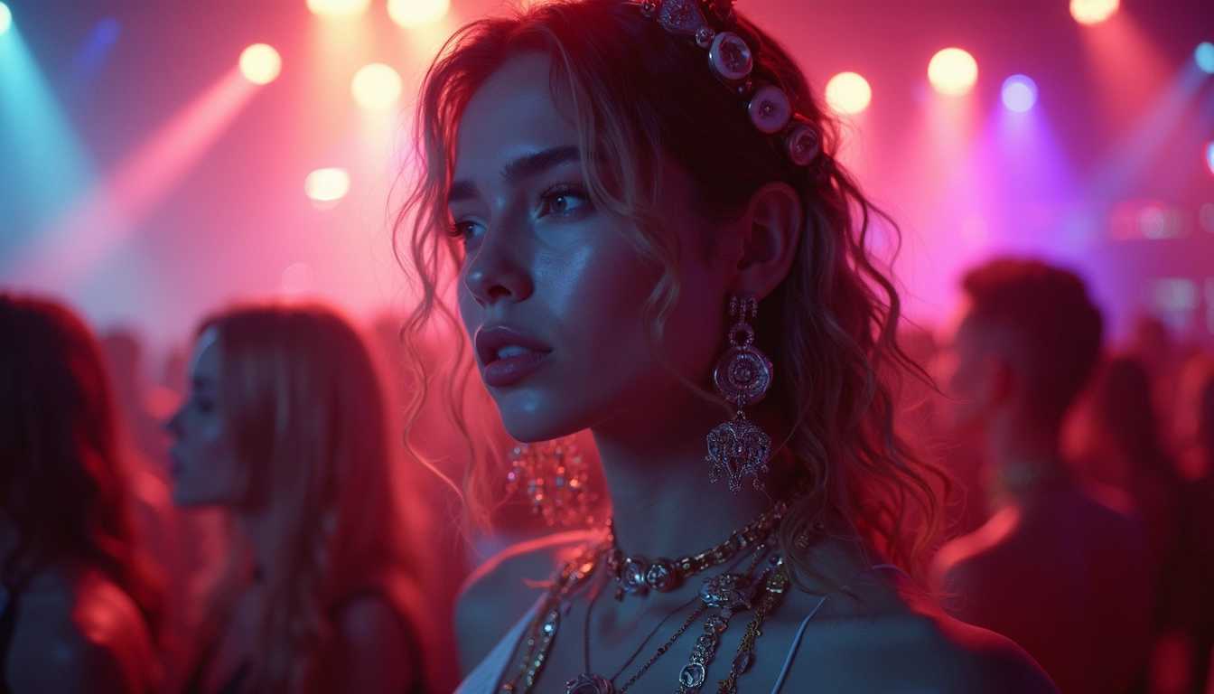 Aim for a resolution of 16k, capturing each element in exquisite detail, from the intricate designs of the girl's jewelry to the atmospheric lighting that defines the energetic nightlife scene. The overall vibe should be one of youthful exuberance, creativity, and freedom, transporting viewers into the heart of the club's pulsating rhythm.