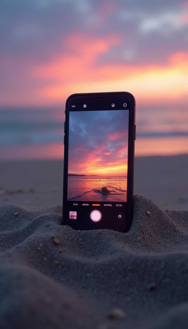 Capture the essence of twilight with a smartphone embedded in the sand, displaying a sunset photo on its screen. The device is centrally positioned, slightly askew, with the screen angled upwards to show the vibrant hues of the setting sun reflected on the oceans surface. The sky is painted with strokes of orange, pink, and purple, transitioning into the deeper blues of the impending night. The phones camera interface is visible, suggesting the moment was recently captured or selected from the devices gallery. The sand around the phone is finely textured, with gentle undulations that lead to the water in the background, where the horizon meets the softly glowing sky. The overall mood is one of tranquility and reflection, as the day gives way to the embrace of the evening.
