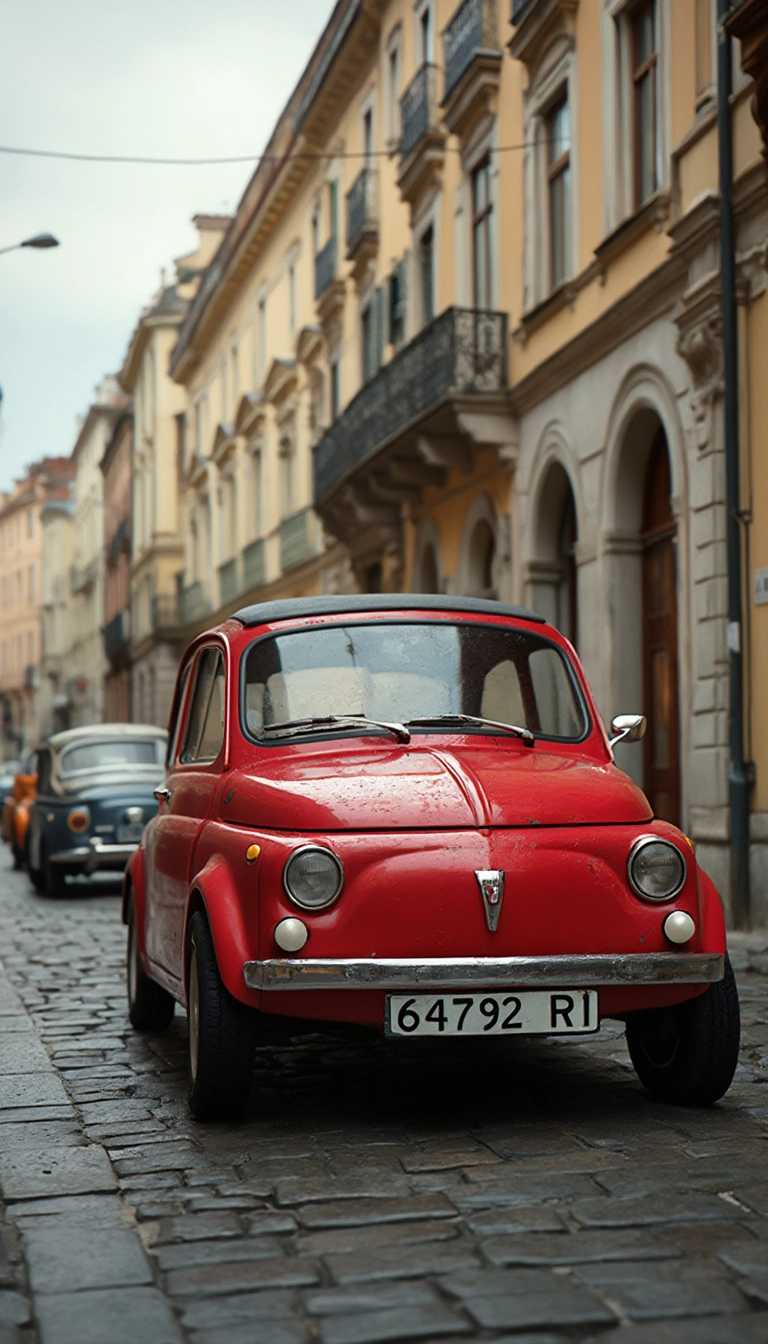 A realistic scene featuring a vintage red Fiat 500 meticulously parked on cobblestone streets of an old European city. The Fiat 500 is in sharp focus, its glossy paint reflecting soft, ambient light on the windshield, and the Fiat badge and a license plate reading "64792 RI" are prominently visible. The background showcases historic buildings with pastel-colored facades adorned with arched windows, capturing the architectural beauty influenced by Baroque and Neoclassical styles, complete with ornate details and elegant columns. The sky is overcast, casting a diffused, warm light that enhances the textures and colors without harsh shadows. The street is empty except for the parked cars, imbuing a quiet, nostalgic atmosphere. The overall image boasts a high dynamic range and rich, vivid colors, highlighting the intricate details and the serene, timeless ambiance of the scene. Photorealistic style with a balanced depth of field to ensure that both the car and background buildings are clearly defined, creating a cohesive and immersive experience, license with text "FLUX ROCKS".