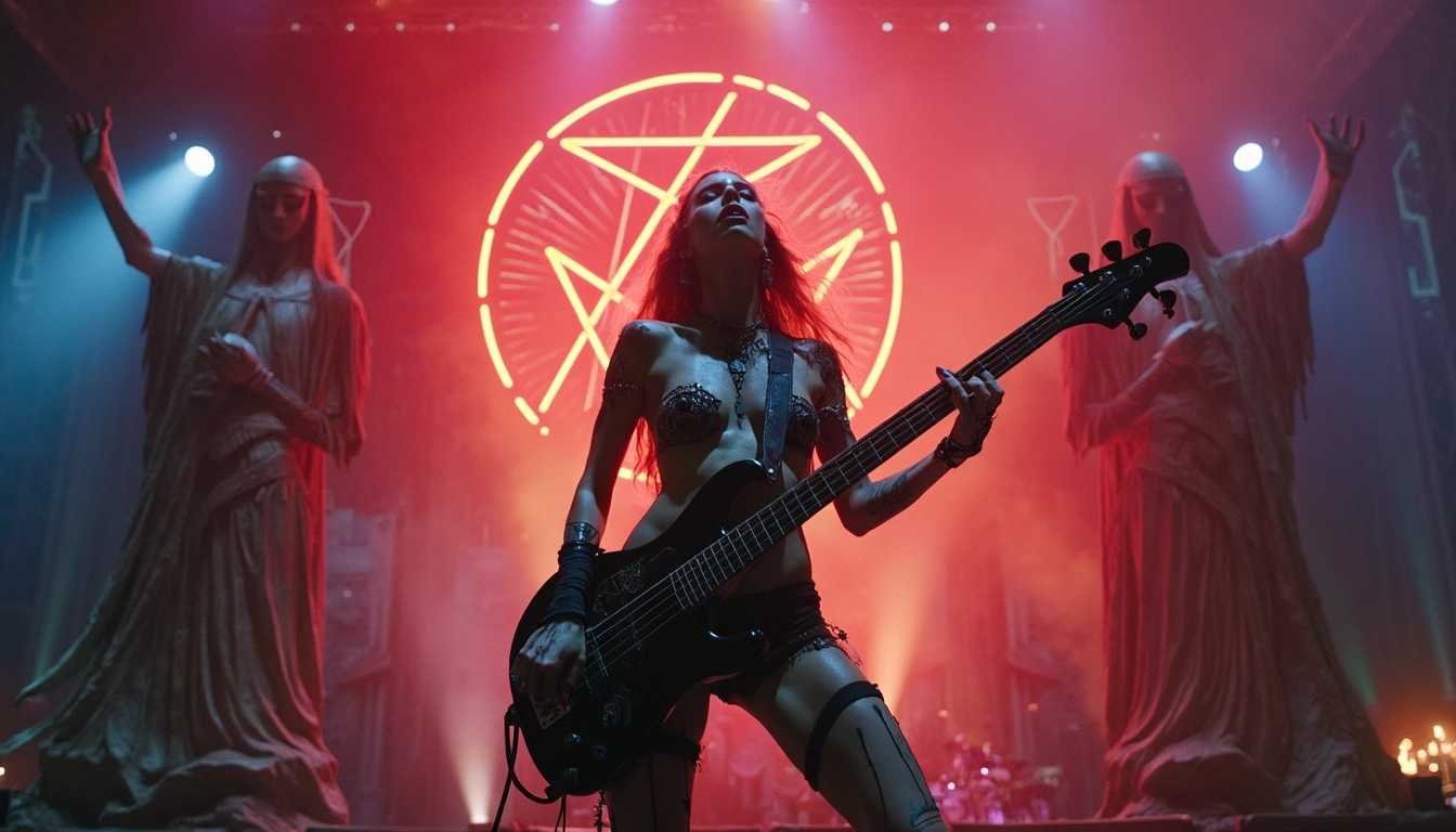 naked female heavy metal bass player in the nude wearing skimpy glamorous rock straps and occult jewelry, standing on a heavy metal rock stage with large scary statues in the background, occult stage props, neon satanic symbol, stage smoke, colored stage lights, cheering crowd