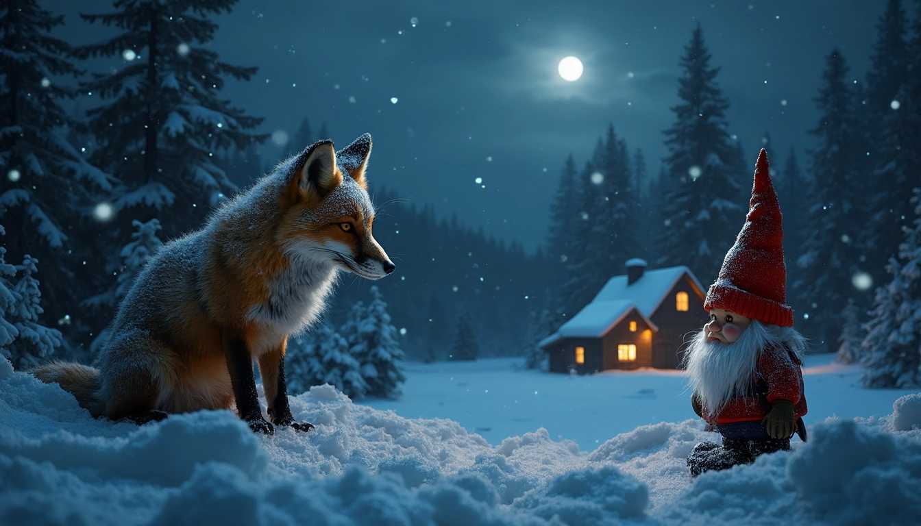 Amateur iphone image, animal photography, snowy winter night landscape with fox and a real Nordic farm gnome, rural farm, darkest night, shot with an iPhone at night