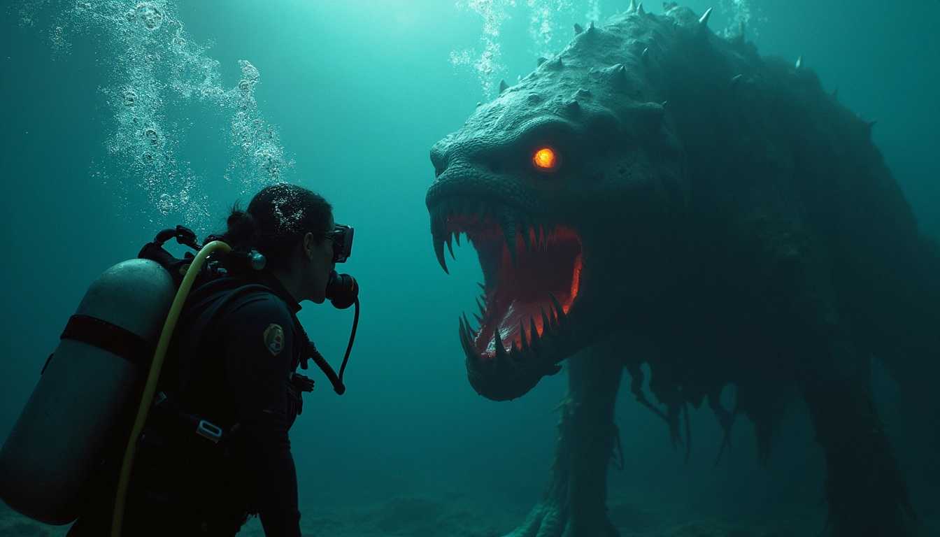 Create a terrifying horror movie scene featuring a female deep-sea diver, dressed in a sleek yet rugged diving suit, her expression one of sheer terror as she is confronted by an exceptionally monstrous deep-sea creature. The creature should have bioluminescent features, with glowing eyes and sharp, razor-like teeth, emerging from the dark, ominous depths of a bottomless ocean abyss. The background should be a stunning, yet frightening underwater landscape filled with eerie shadows and haunting blue and green hues. Intricate bubbles escape from the diver's regulator, swirling around her as she is illuminated by cinematic colorful lighting that occasionally pierces the darkness, creating an atmosphere of suspense and dread. The composition should emphasize the overwhelming size and terrifying nature of the creature compared to the diver, encapsulating a moment frozen in both fear and awe, with the endless abyss extending behind them.