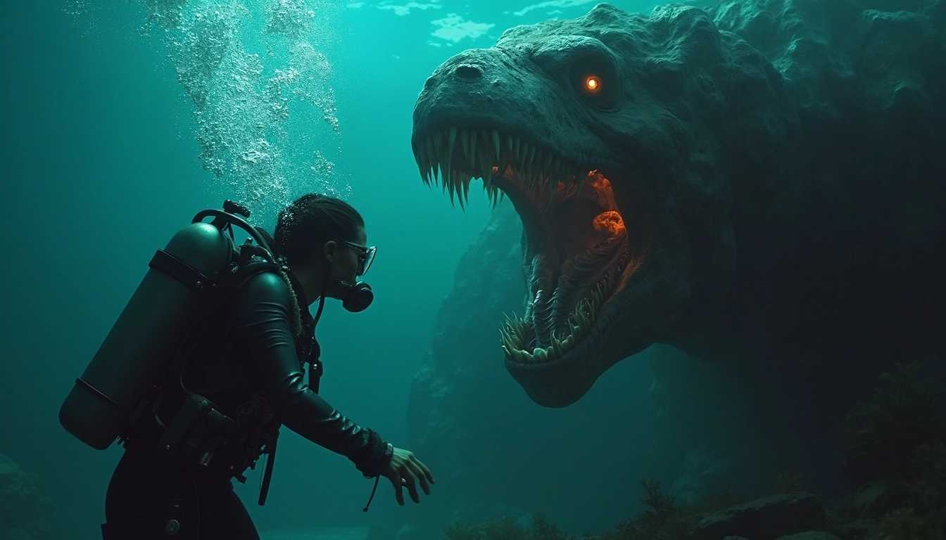 Create a terrifying horror movie scene featuring a female deep-sea diver, dressed in a sleek yet rugged diving suit, her expression one of sheer terror as she is confronted by an exceptionally monstrous deep-sea creature. The creature should have bioluminescent features, with glowing eyes and sharp, razor-like teeth, emerging from the dark, ominous depths of a bottomless ocean abyss. The background should be a stunning, yet frightening underwater landscape filled with eerie shadows and haunting blue and green hues. Intricate bubbles escape from the diver's regulator, swirling around her as she is illuminated by cinematic colorful lighting that occasionally pierces the darkness, creating an atmosphere of suspense and dread. The composition should emphasize the overwhelming size and terrifying nature of the creature compared to the diver, encapsulating a moment frozen in both fear and awe, with the endless abyss extending behind them.