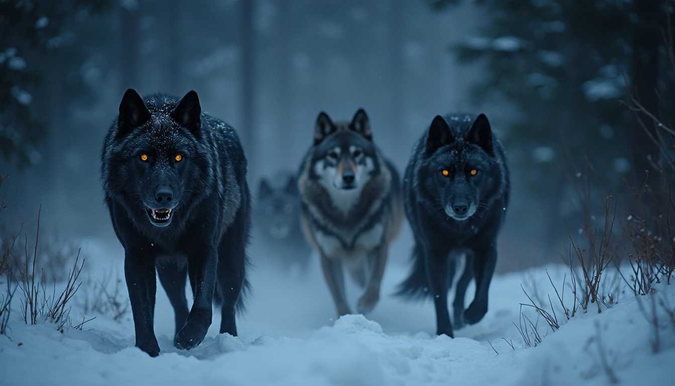 pack of black and grey prowling wolves with reflective eyes in the night in misty snowy mountain forest at darkest midnight