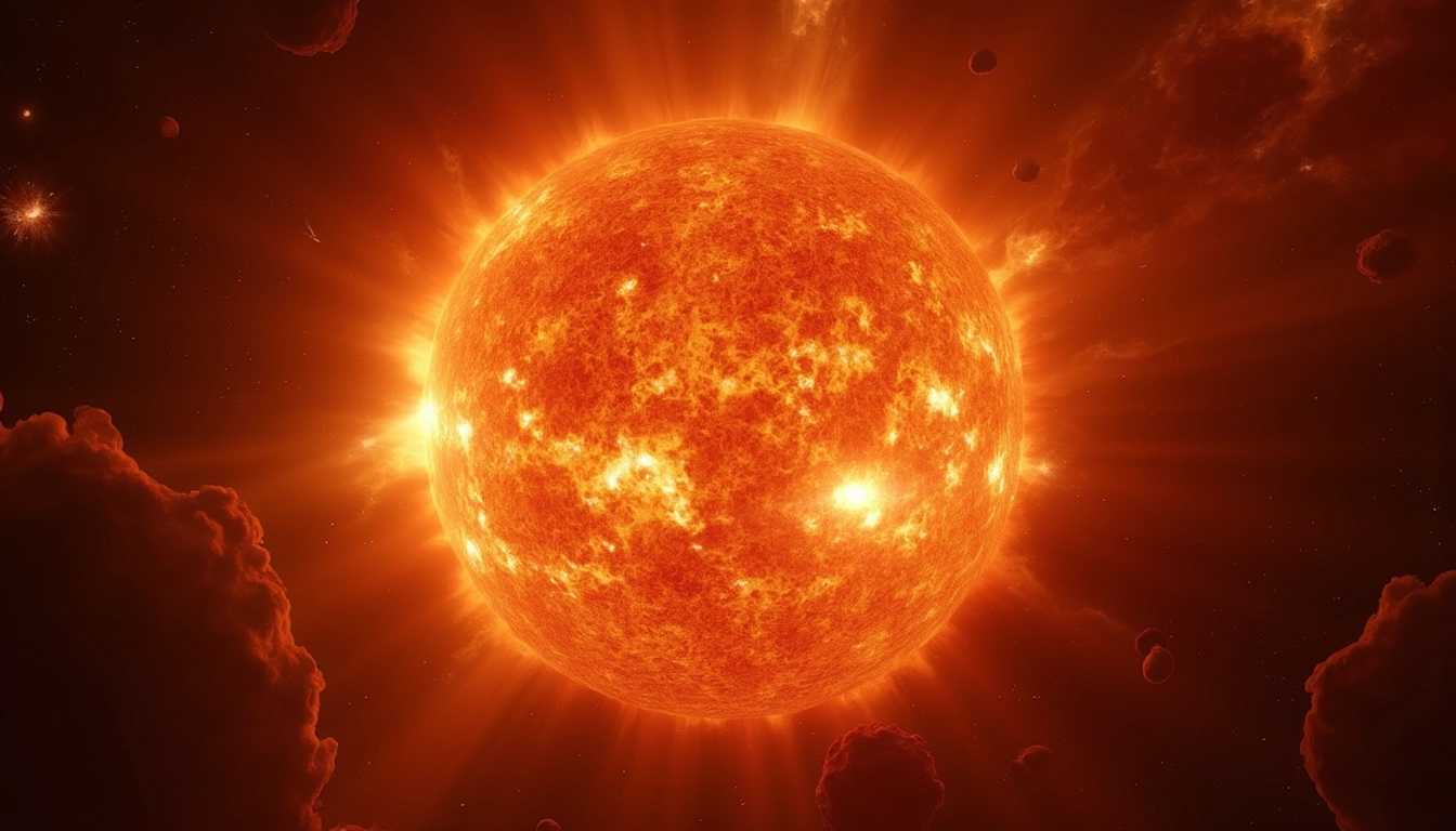 A large solar sun flare details are implicit, outer space