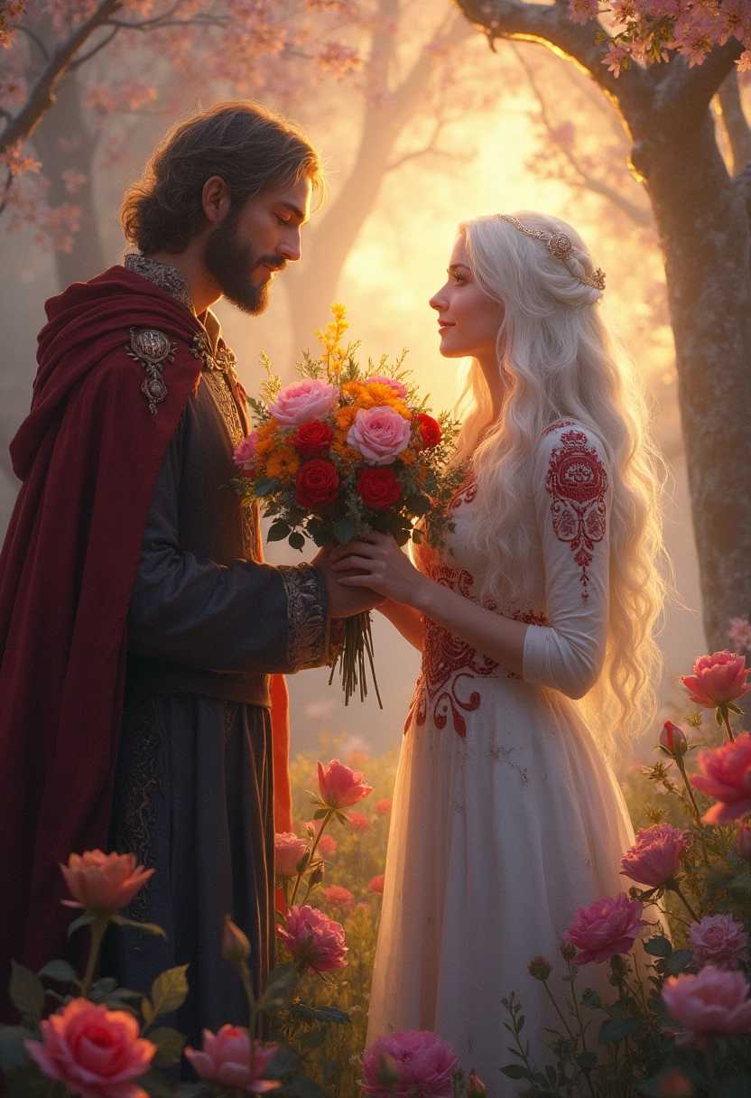 In a magical woodland clearing, a young prince-wizard offers a bouquet of blooming flowers to a stunning young princess. The prince gazes at the princess with a smile and admiration. The princess, with radiant white hair and a flowing white gown adorned with elaborate red Slavic motifs, gazes at the flowers with a look of awe. The scene is bathed in the golden glow of twilight, with a shallow depth of field focusing on the characters against a softly blurred background.

**Visual Details**: Smooth gradients of twilight hues, such as violet and deep orange, fill the sky. Intricate Slavic motifs in vibrant red contrast against the princess's flowing white gown, her hair cascading like a waterfall of snowflakes. The prince’s attire is detailed with mystical elements, such as subtle, shimmering runes and a cloak that lightly billows. The bouquet comprises vividly colored flowers: deep red roses, bright yellow daisies, and soft pink peonies.

**Artistic Style**: Hyper-realistic illustration, characterized by meticulous detail, vibrant colors, and a dreamy, fairy-tale quality reminiscent of Romantic paintings.

**Composition**: The young prince-wizard stands slightly to the left, presenting the bouquet with an outstretched arm. The stunning young princess is positioned on the