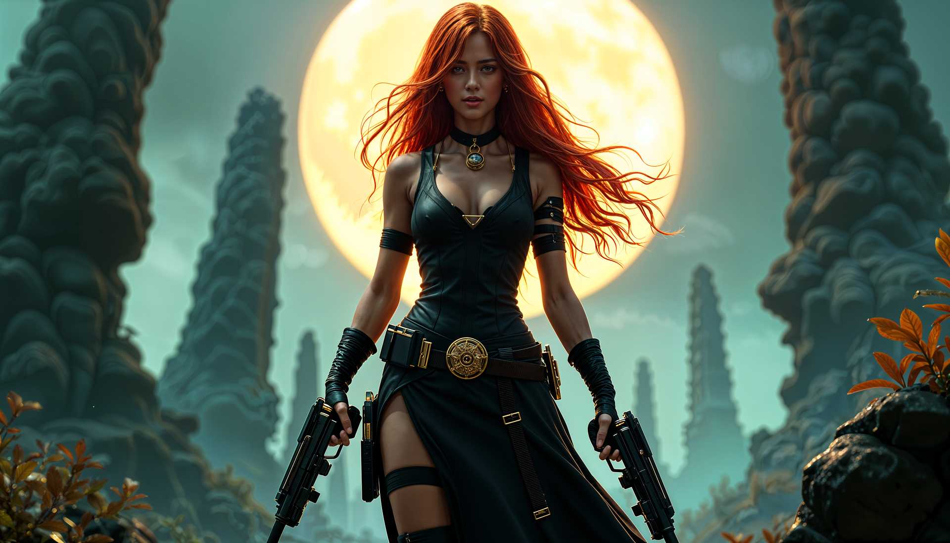 Redheaded Warrior Woman with Guns in Fantasy Setting