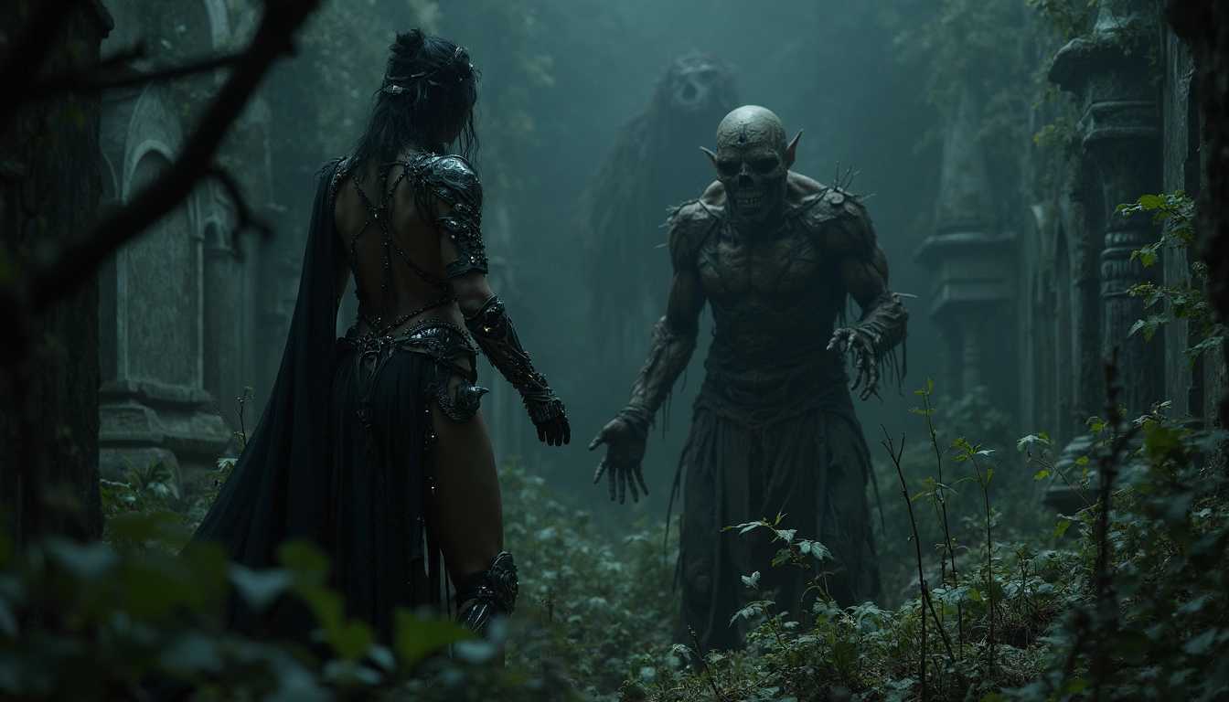 lowlight, dark modern horror fantasy movie scene, sexy female necromancer in skimpy armor and lots of occult jewelry, casting a spell to make a rotten decomposed zombie raise out of a grave, dramatic conjuring pose, overgrown graveyard at midnight, withered plants, ivy, gothic tombstones, dark lowlight cinematic lighting, pitch black background