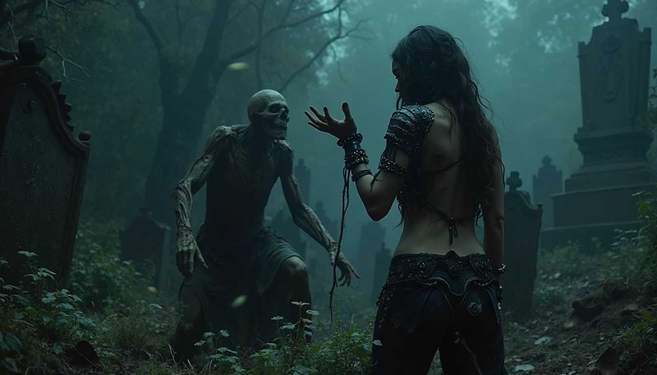 lowlight, dark modern horror fantasy movie scene, sexy female necromancer in skimpy armor and lots of occult jewelry, casting a spell to make a rotten decomposed zombie raise out of a grave, dramatic conjuring pose, overgrown graveyard at midnight, withered plants, ivy, gothic tombstones, dark lowlight cinematic lighting, pitch black background