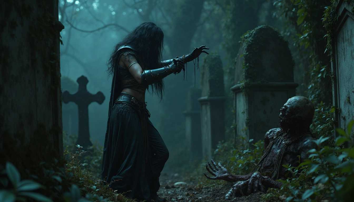 lowlight, dark modern horror fantasy movie scene, sexy female necromancer in skimpy armor and lots of occult jewelry, casting a spell to make a rotten decomposed zombie raise out of a grave, dramatic conjuring pose, overgrown graveyard at midnight, withered plants, ivy, gothic tombstones, dark lowlight cinematic lighting, pitch black background