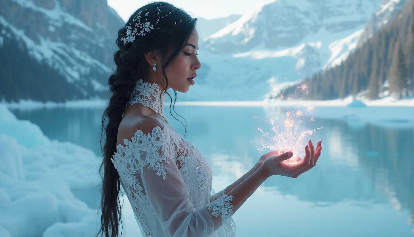 A striking sorceress casting intricate spells from her fingertips in an enchanting frozen tundra. She wears a delicate tea gown adorned with shimmering patterns that catch the light, featuring an elegant lace collar that frames her graceful neck. Her tall, thin figure stands out against the vast, icy landscape, with dark skin that glistens subtly in the cold air. Her long hair is intricately styled in a French braid, flowing down her back, accented by delicate frost crystals. Her natural beauty is highlighted by a touch of mauve matte lipstick that complements the wintry scene. The background showcases majestic icy peaks towering over a pristine lake frozen solid, reflecting the azure sky, with undulating snowdrifts creating an ethereal ambiance. The atmosphere is filled with a mystical glow as swirling, sparkling magical energies emanate from her outstretched hands, casting a captivating aura over the surreal, frozen expanse. The overall mood is one of magic and serenity, contrasting the sorceress's powerful presence with the tranquil, untouched beauty of the tundra.