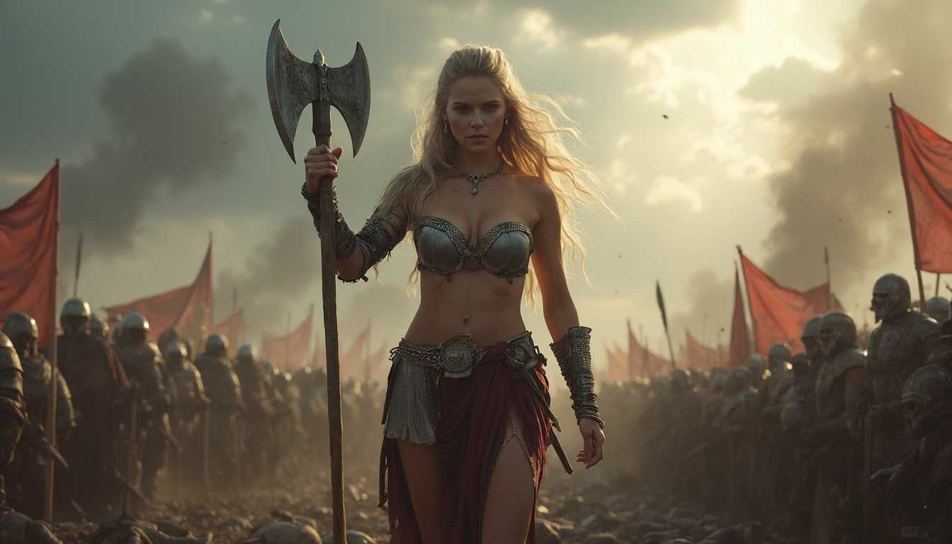 chaotic battle scene. Viking goddess stands in hero pose with her axe raised in the air, in a diminutive chainmail bikini squeezing in her gigantic huge breasts. She stands among dead corpses, battle smoke, torn banners, dramatic skies. very large breasts, huge cleavage, dynamic composition.