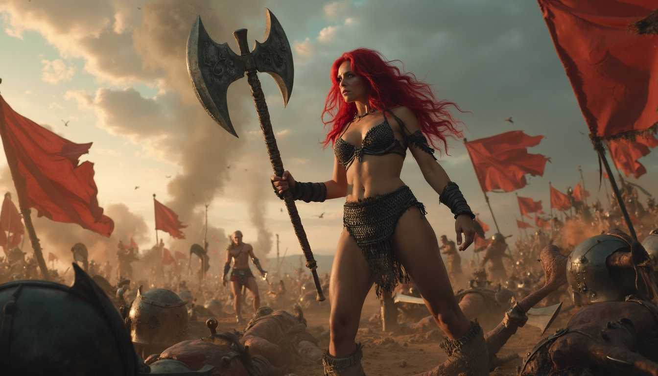 chaotic battle scene. "Red Sonja" the Viking goddess stands in hero pose with her axe raised in the air, in a diminutive chainmail bikini squeezing in her gigantic huge breasts. She stands among dead corpses, battle smoke, torn banners, dramatic skies. very large breasts, huge cleavage, dynamic composition.