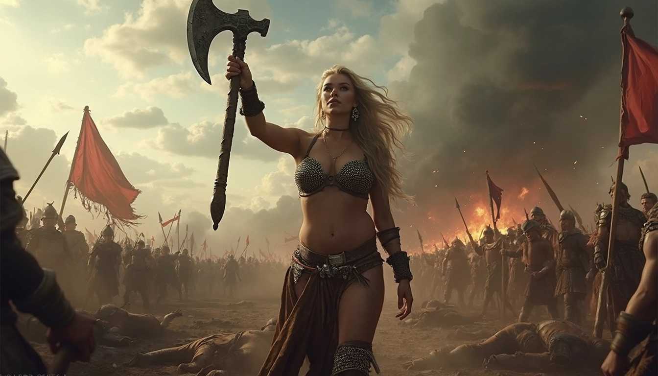 chaotic battle scene. "Sonja the Destroyer" the Viking goddess stands in hero pose with her axe raised in the air, in a diminutive chainmail bikini squeezing in her gigantic huge breasts. She stands among dead corpses, battle smoke, torn banners, dramatic skies. very large breasts, huge cleavage, dynamic composition.