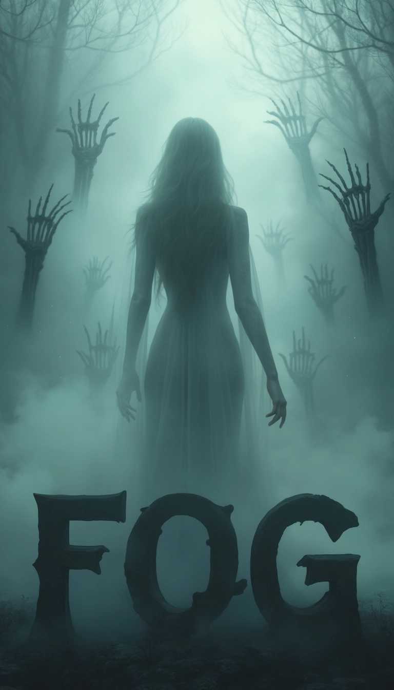 Title at the bottom: "FOG" in large, bold letters, Photorealistic image of a mysterious fog enveloping the scene, ghostly symbols of death emerging from the mist, dark skeletal hands reaching out through the fog, creating an ominous atmosphere. The overall mood is one of dread and unease, designed to instill anxiety and fear. 

The image is a masterpiece, featuring highest quality, highest image resolution, and photorealistic detail. It is presented as an extremely detailed CG unified 8k wallpaper. 

Composition: The bottom half of the image is dominated by the large "FOG" lettering, while at the center, shrouded in the mist, is the ethereal back view of a stunning goddess. Her beauty is jaw-dropping, with perfect proportions, a slim and elegant body, highlighting extreme sensuality. Highly detailed textures and lighting accentuate her form, making her appear both captivating and otherworldly. The mist swirls around her, further adding to the mysterious and enigmatic atmosphere.

Mood and Atmosphere: The scene is set at twilight, with the fog thickening under a dim, overcast sky. The light is diffuse, creating soft shadows and adding to the eerie ambiance. The air is cold and damp