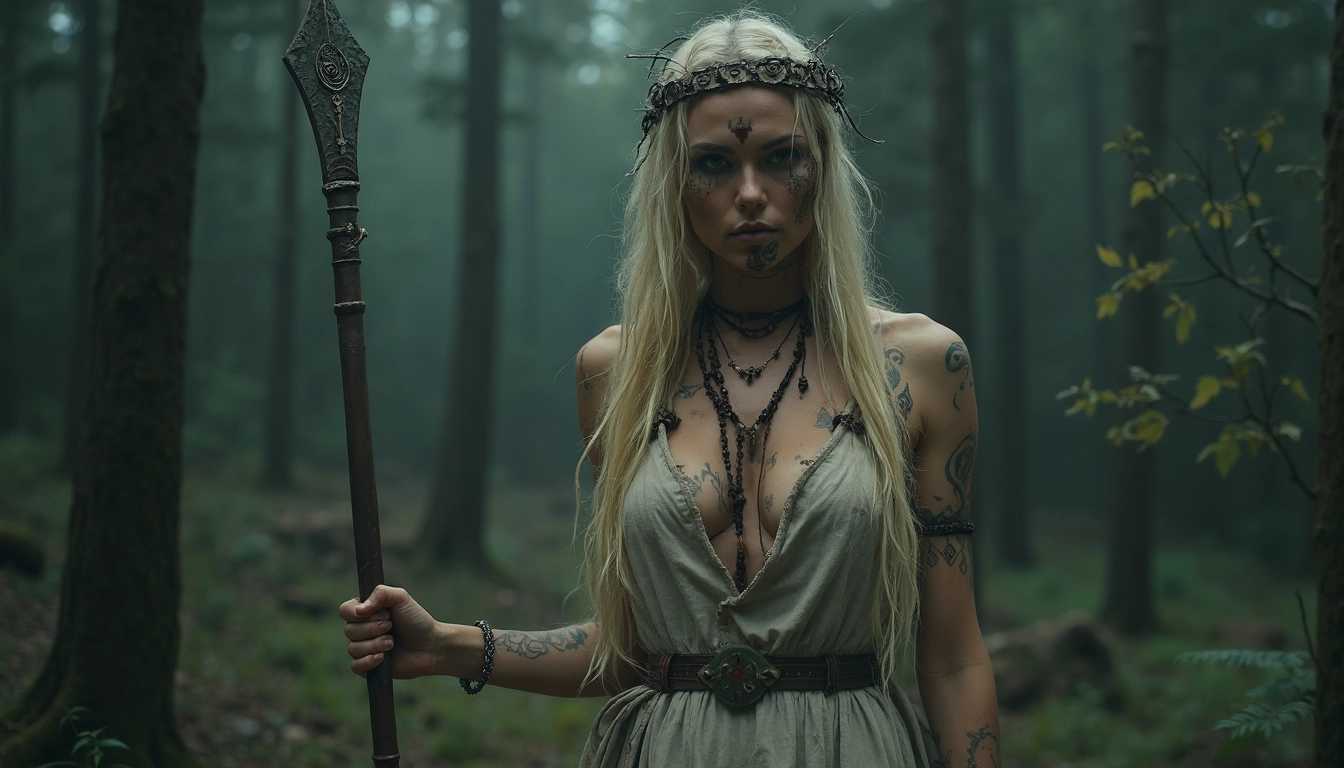 full frame dark forest photo, a mysterious female Viking sharman standing with a ritual spear in an overgrown pine forest in the witching hour. Intricate Viking pagan jewelry, beads in her long tangled blonde hair, ritual Viking tattoos. Face-paint. Low-cut linen dress, revealing a lot of cleavage, naked bleeding feet on abrasive forest rock.