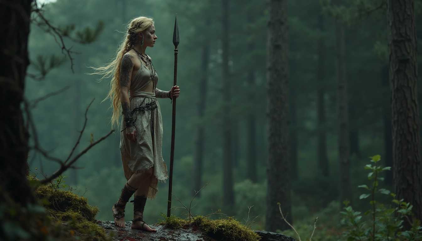 full frame dark forest photo, a mysterious 40 year old female Viking sharman standing with a ritual spear in an overgrown pine forest in the witching hour. Intricate Viking pagan jewelry, beads in her long tangled blonde hair, ritual Viking tattoos. Face-paint. Low-cut linen dress, revealing a lot of cleavage, naked bleeding feet on abrasive forest rock.