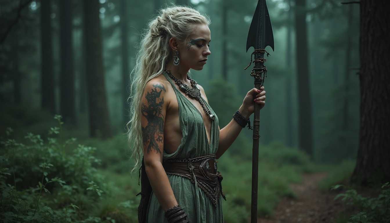 Viking Warrior Woman in a Misty Forest
