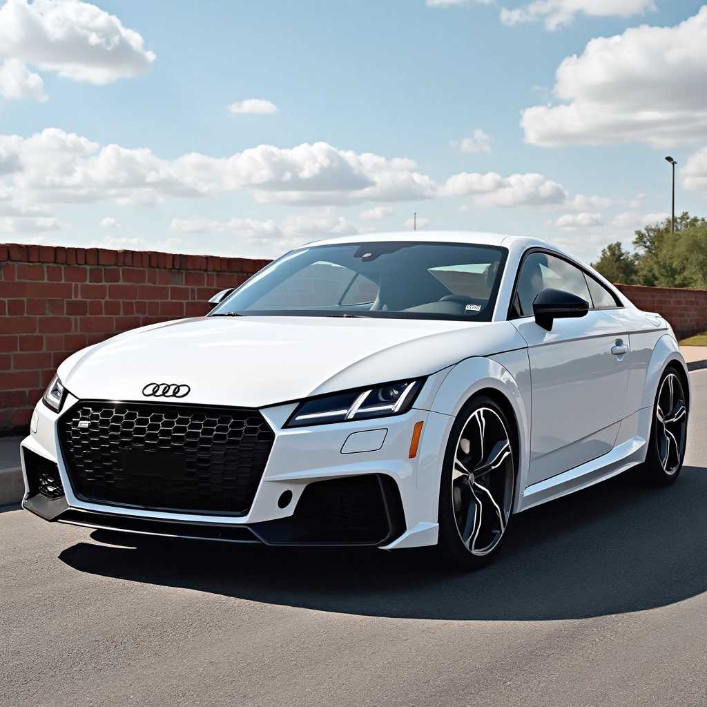 Create a highresolution image of a white 2020 Audi TT Coupe parked on a paved road next to a brick wall. The car should be angled slightly to the right, showcasing its profile and the sporty design details such as the large front grille with a honeycomb pattern, angular headlights, and the sleek side mirrors. The background should be a clear sky with scattered clouds, and the overall scene should convey a sense of a sunny day.