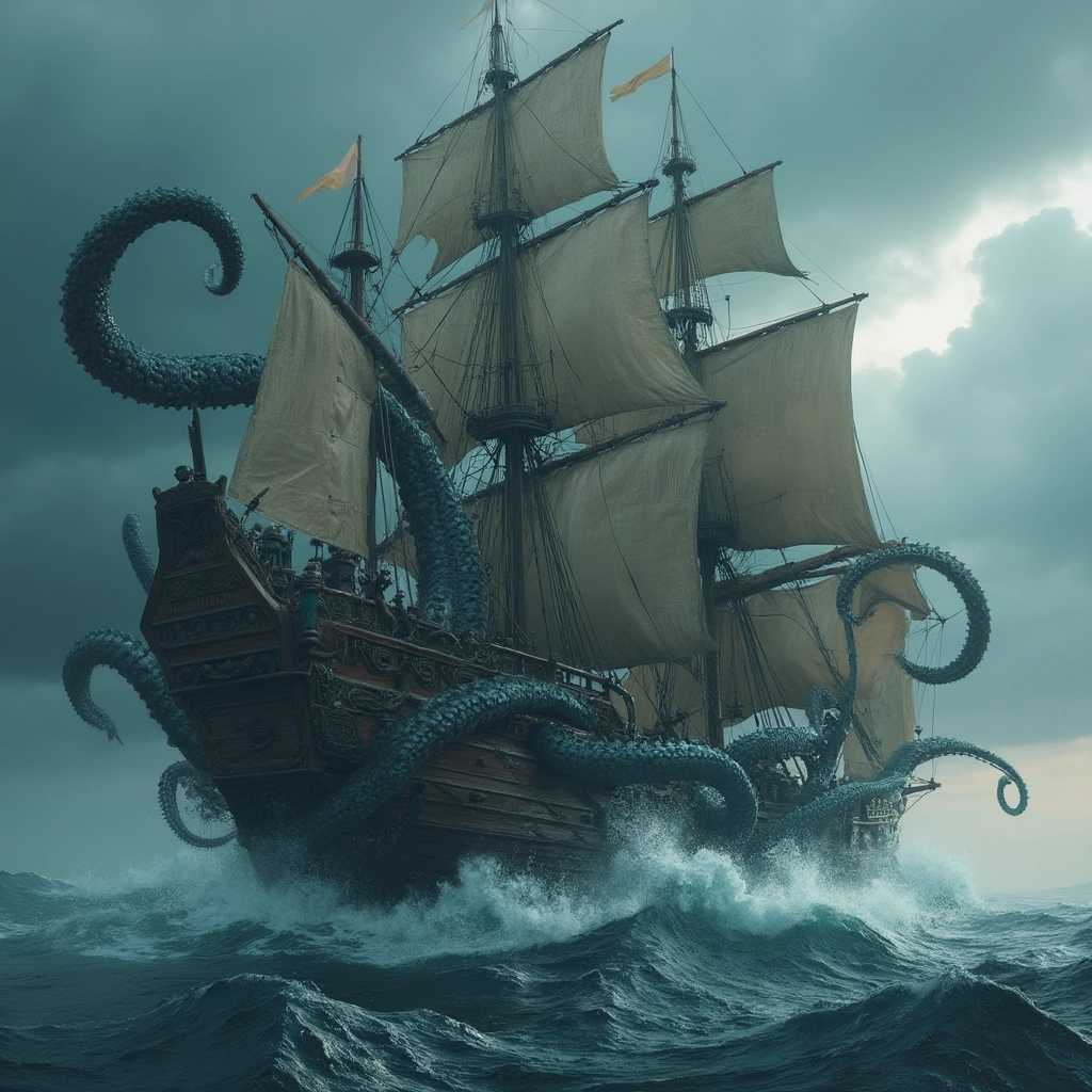 A breathtaking 8K 3D render of a 15th-century royal galleon being attacked by a colossal, dark fantasy octopus. The ship is adornedwith intricate details and sails majestically with full sails, while moderate waves crash against its hull. The wind blows with a normal breeze, accentuating the ship's movement. The octopus, with its numerous tentacles and suction cups, has wrapped itself around the ship in a stranglehold, its dark and sinister presence looming over the vessel. The background reveals a stormy sky, adding to the ominous atmosphere., 3d render, dark fantasy
