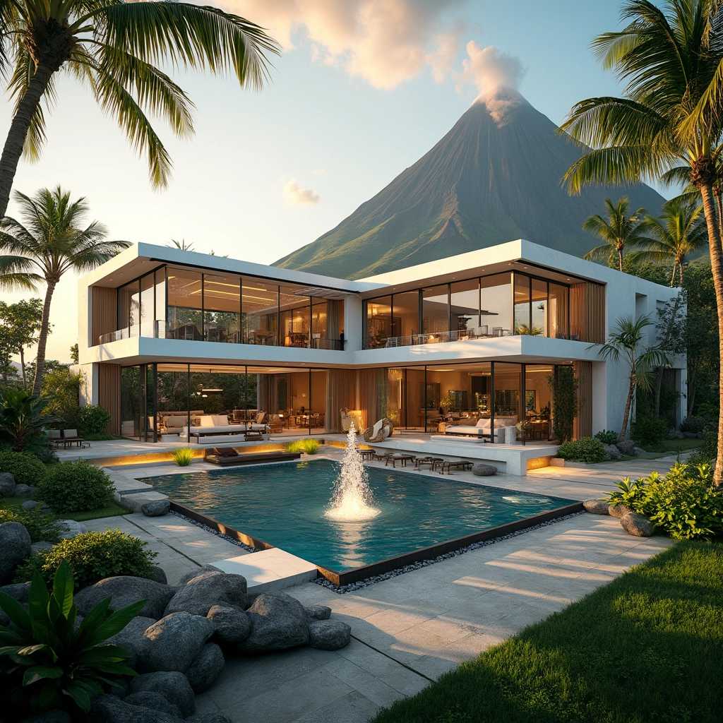 Luxurious modern villa on a tropical island next to a towering volcano. All images should showcase the same villa from various angles and sides. The villa features sleek, contemporary architecture with large glass windows, smooth white walls, and stylish outdoor living spaces. Surrounding lush, tropical gardens highlight vibrant green foliage and a spectacular water fountain centerpiece in the garden, sparkling in the sunlight. 

In one view, the camera angle captures the front entrance of the villa with a dramatic vista of the volcano in the background, illuminated by the warm, golden light of the setting sun. Another perspective shows the back of the villa, where a luxurious infinity pool overlooks the ocean, with the volcano framed majestically in the distance. Additional shots include close-ups of the villa's finely detailed architectural elements, such as the modern outdoor lounge area, the water fountain with its intricate design and shimmering water, and the villa's interior through expansive glass walls, showing refined, contemporary furnishings.

Lighting should emphasize the luxury and tranquility of the scene; natural sunlight for a warm and inviting day, contrasting the lush greenery and the serene water fountain. Composition should be balanced, with the villa as the focal point, complemented by the stunning island scenery and the commanding presence of the volcano. The overall mood should evoke a sense of opulence