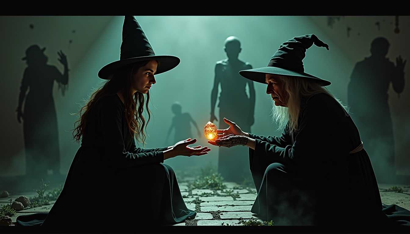 The young witch and the old witch are engaged in a grim pact. The old witch extends a bony hand, offering a cursed object—an eerie, pulsating crystal—while the young witch hesitates, her hand hovering over the crystal. Shadows of past victims loom on the walls, frozen in moments of agony, as if trapped by the witches' dark magic. The house itself seems alive, with the walls creaking and the floorboards groaning under the weight of unspeakable horrors. The atmosphere is thick with tension as the young witch makes her fateful choice.