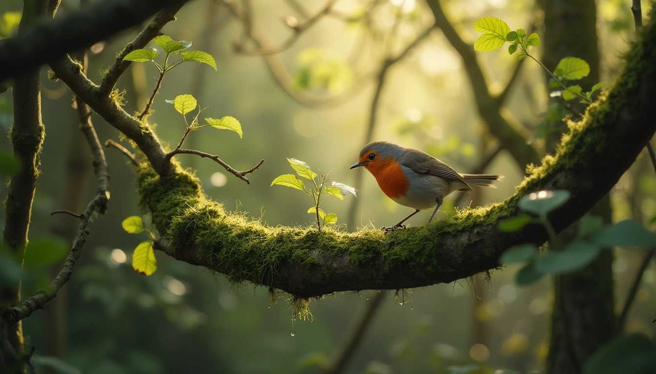 A stunning, high-definition photograph of a vibrant red-breasted robin, meticulously searching for food amid a tangle of tree branches. The scene is set in a lush, dense forest bathed in the soft, diffused light of early morning, creating a serene and tranquil atmosphere. 

The detailed textures of the moss-covered branches and the delicate leaves in varying shades of green are vividly captured, with morning dew glistening like tiny jewels. The robin, positioned slightly off-center for dynamic balance, is caught in a moment of intent focus, its keen eye scanning the environment, highlighted by a gentle bokeh effect in the background that emphasizes depth.

Shot with a shallow depth of field, the surrounding flora takes on a slightly blurred, dreamy quality, drawing attention to the bird without losing the richness of the background. The color palette is harmonious and natural, with earthy tones enhanced by the soft morning light.

The mood is peaceful and intimate, evoking the quiet beauty of nature in its early hours, capturing a snapshot of wildlife in its natural habitat with striking clarity and elegance.