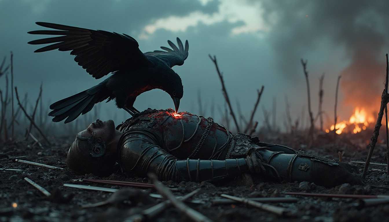 A dramatic, high-contrast scene of a grim battlefield during twilight. At the center, a raven with glossy black feathers is perched on the chest of a fallen warrior, its sharp beak tearing into the warrior's flesh. The warrior, clad in tarnished, blood-stained armor, lies sprawled across the muddy, war-torn ground, his lifeless face partially obscured by a broken helmet.

The atmosphere is heavy with mist and the ground is littered with broken swords, shattered shields, and scattered arrows, creating a sense of recent, violent combat. The background features a dark, stormy sky filled with ominous clouds, casting an eerie, diffused light over the scene. Charred remnants of trees and smoldering rubble add to the bleakness.

The image is styled in a hyper-realistic manner, with intricate details on the raven's feathers, the texture of the warrior's armor, and the muddy battlefield. The lighting is dramatic, with shadows adding depth and highlighting the contours of the raven and the fallen warrior. The composition focuses on the raven and the warrior, with the battlefield extending into the background, creating a sense of vast desolation.

Keywords: hyper-realistic, dramatic lighting, twilight, stormy sky, war-torn, detailed