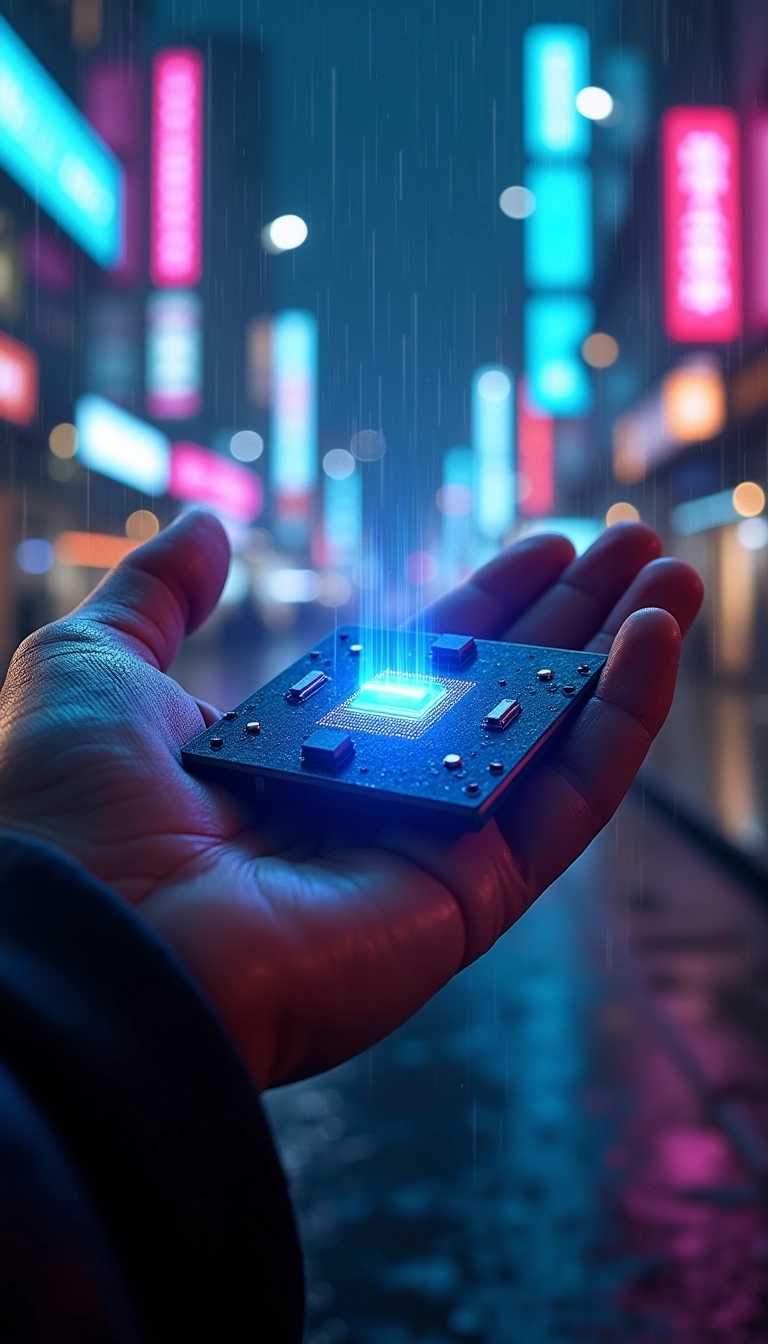 Cyberpunk cityscape at night, a close-up of a hand holding a glowing CPU chip with wires extending out, connecting to a network of computers, neon-lit urban background with flickering signs and rain-soaked surfaces, intense reflections of electric blues and purples, highly detailed and realistic, 8k resolution."