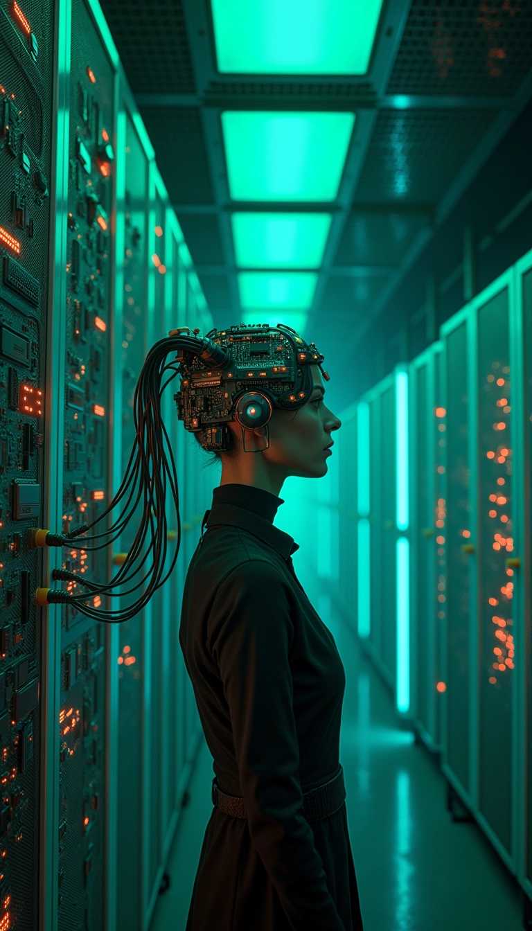 "Inside a futuristic data center, a figure with wires trailing from a neural interface on their head, connected to a massive computer mainframe, CPU chips and circuit boards embedded in walls, pulsing with light, the room bathed in a glow of neon greens and blues, hyper-realistic, cyberpunk style, 8k detail."