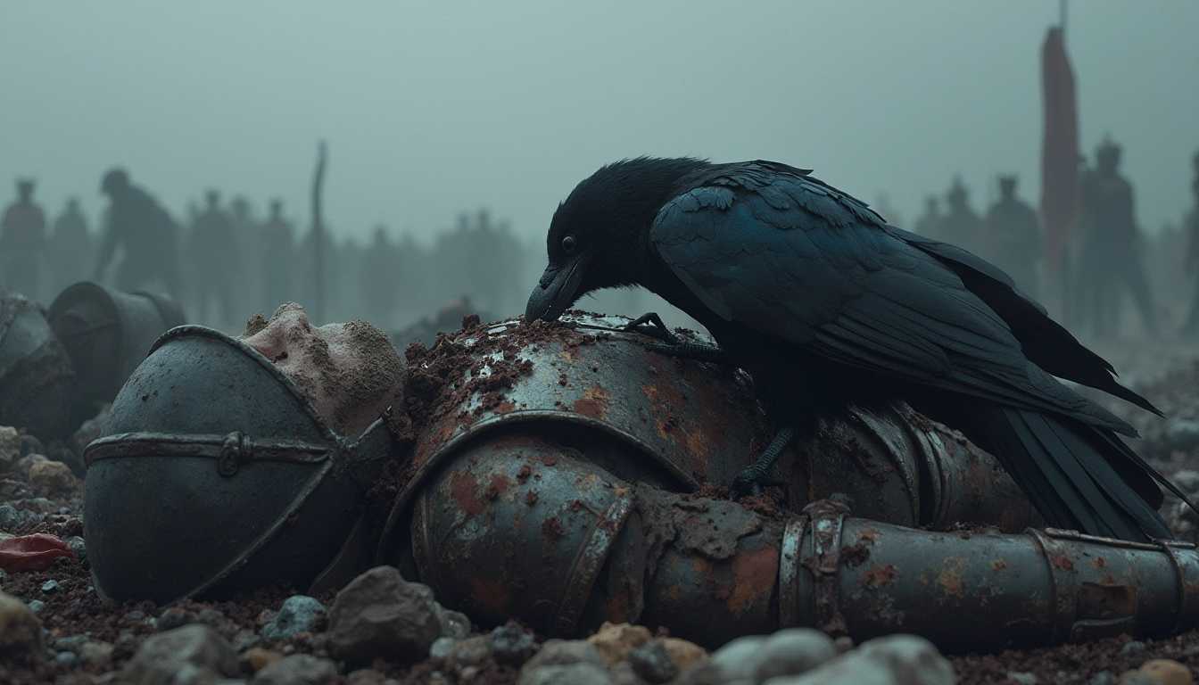 A raven feasting on the corpse of a fallen warrior on a grim, desolate battlefield. The warrior, clad in battered armor and lying motionless among the debris of battle, has clearly met a violent end. The raven, its dark feathers glistening in the dull light of an overcast sky, pecks at the warrior’s flesh, its beady eyes reflecting a cold, predatory instinct. The battlefield is littered with the remnants of war—broken weapons, discarded shields, and other lifeless bodies, all shrouded in a heavy mist. The atmosphere is somber and eerie, with the distant echoes of the battle long since faded, leaving only the grim silence of death and decay.
