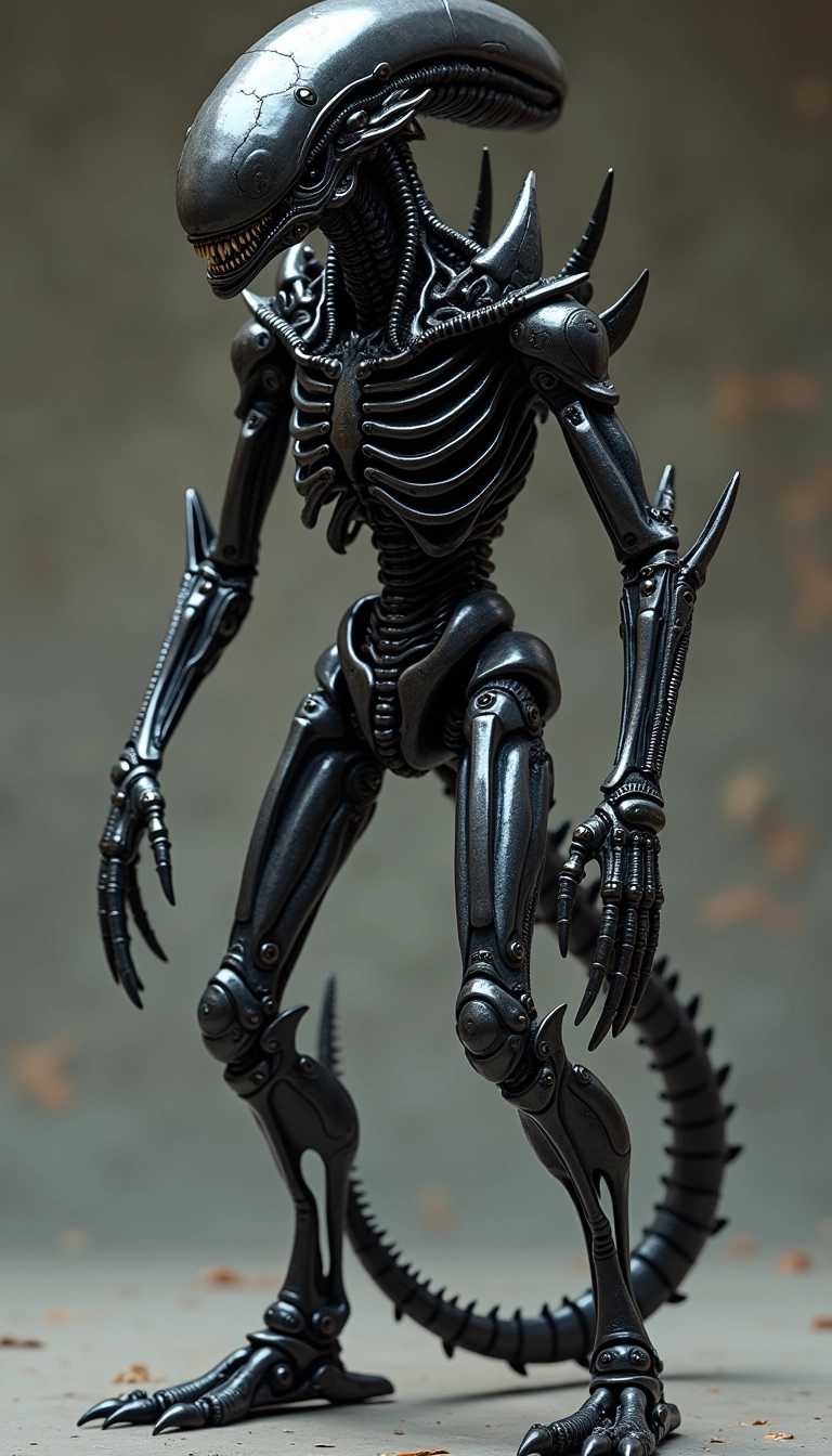"hyper-realistic biomechanical alien, inspired by h.r. giger, featuring an elongated, skeletal frame with a glossy black exoskeleton. the creature blends organic and mechanical elements, with intricate bone-like structures intertwined with metallic surfaces. its head is elongated and menacing, with sharp, metallic teeth and a long, spiked tail. set