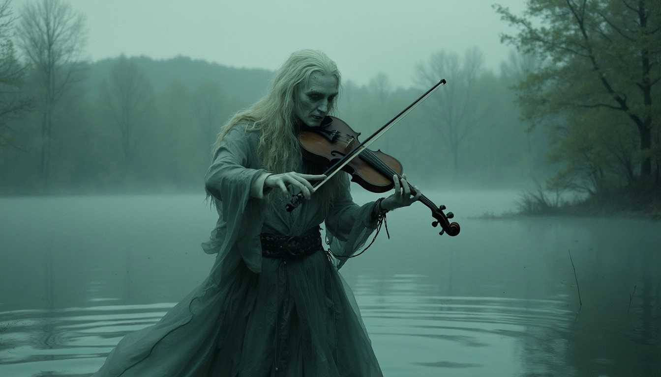 The Nøkken is a male water spirit that lures people into lakes, ponds, and rivers. He is known for playing haunting melodies on a violin to entice his victims. The Nøkken can appear in many forms, including that of a beautiful young man, an old man, or even a horse. However, his most common form is a mysterious figure emerging from the water, with pale skin, long hair, and eyes that reflect the depths of the waters he inhabits.