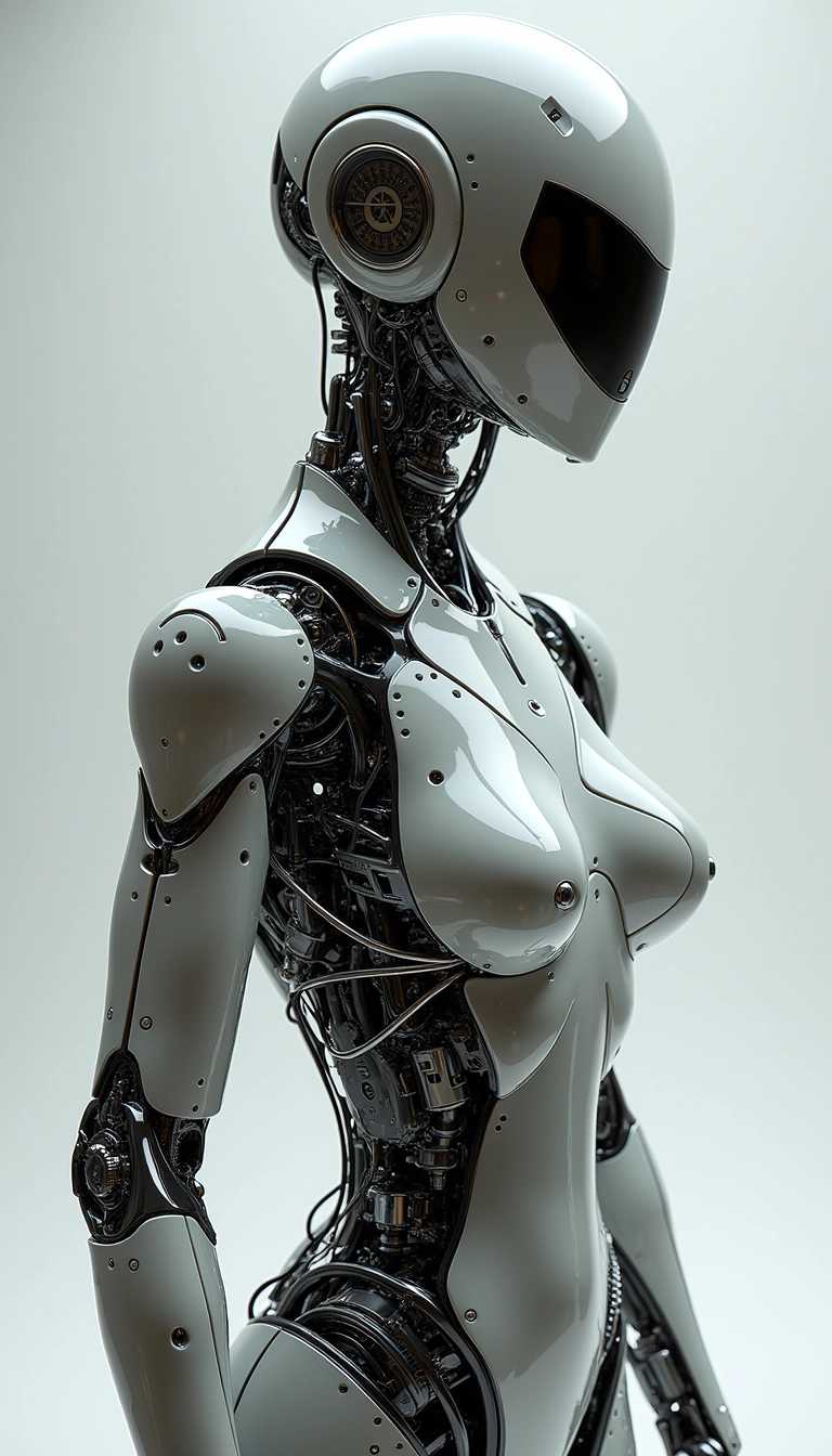 "A hyper-realistic robot with a sleek, polished metallic exterior, featuring intricate gears and circuits beneath transparent panels. The robot’s limbs and torso exhibit a high level of detail, conveying a sense of advanced technology and precision engineering."