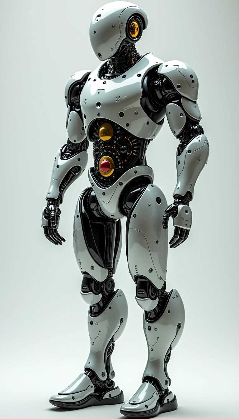 "A hyper-realistic robot with a sleek, polished metallic exterior, featuring intricate gears and circuits beneath transparent panels. The robot’s limbs and torso exhibit a high level of detail, conveying a sense of advanced technology and precision engineering."