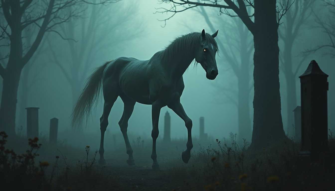 The Helhesten is a ghostly, three-legged horse associated with death and the underworld. It is said to roam graveyards and is often considered a harbinger of death or doom. The Helhesten is described as having a gaunt, skeletal appearance, with glowing eyes and a haunting whinny that can be heard in the dead of night. Its three-legged gait is both eerie and unsettling, making it a fearsome sight to behold.