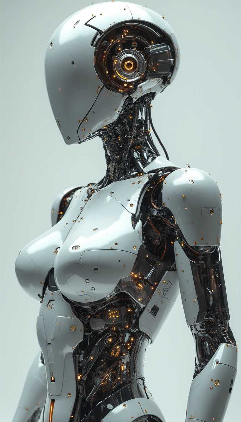 A hyper-realistic female robot with a sleek, polished metallic exterior, featuring intricate gears and circuits beneath (transparent 2.3) panels. The robot’s limbs and torso exhibit a high level of detail, conveying a sense of advanced technology and precision engineering.