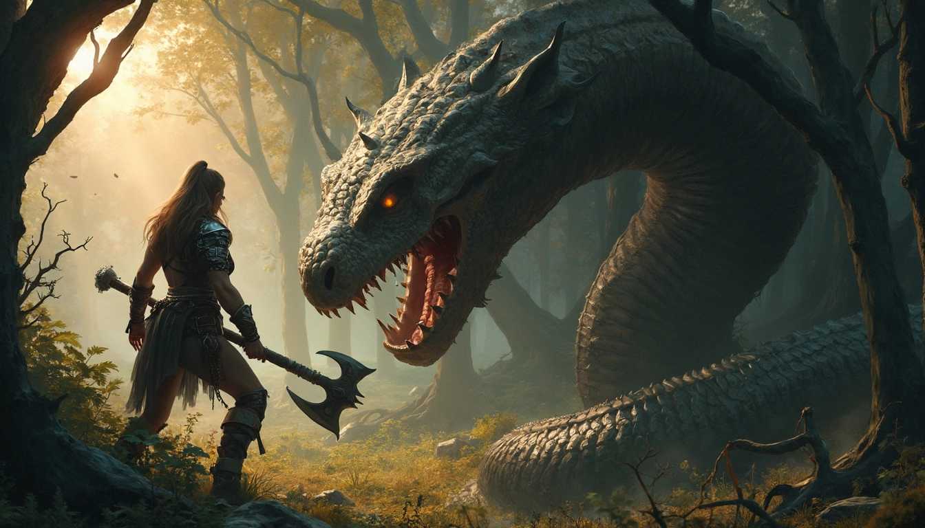 A brave large-breasted and muscular Viking heroine in diminutive chainmail bikini, battles a terrifying lindorm at the edge of a dark, ancient forest. The heroine, clad in rugged shoulder-armor with a battleaxe gripped tightly in her hands, stands her ground against the massive serpent-like creature. The lindorm, with its scaly, sinuous body and glowing eyes, coils menacingly, ready to strike. The forest looms behind them, its tall, twisted trees casting deep shadows across the scene. The light of the setting sun filters through the trees, creating a dramatic backdrop as the Viking warrior prepares to deliver a powerful blow, her expression one of unyielding courage. The clash between the heroine and the lindorm is intense, embodying the raw strength and fearless spirit of Norse legend.