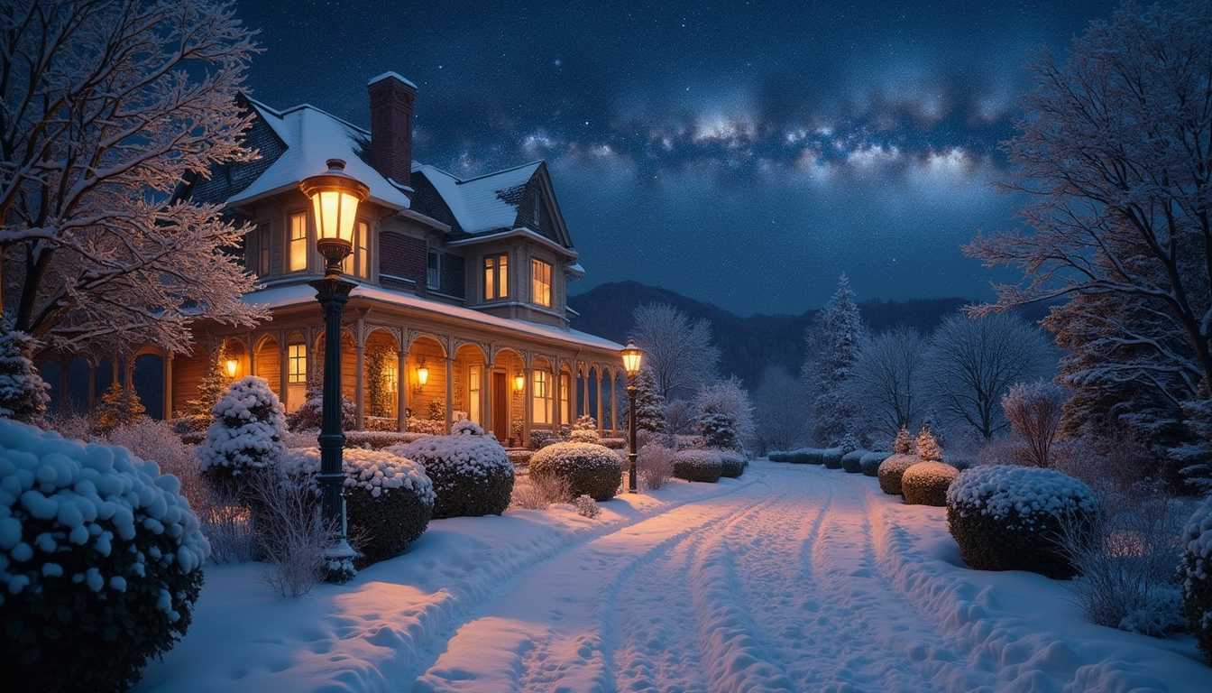 A serene winter garden at night, featuring two elegant rose bushes delicately sprinkled with fresh snow, their petals slightly bowed under the weight. In the foreground, a picturesque snowy alley lined with vintage gas lamps flickers softly, casting a warm, inviting glow. The path meanders towards a stunning Victorian-style house, its windows aglow with golden light spilling outwards, illuminating the surrounding snow-covered landscape. A charming chimney puffs gentle wisps of smoke into the crisp night air, adding a cozy atmosphere. Above, the sky is a breathtaking canvas of stars, with the Milky Way stretching across, its luminous core shimmering against the deep indigo night. The scene exudes a tranquil, enchanting mood, perfect for evoking a sense of wonder and nostalgia.