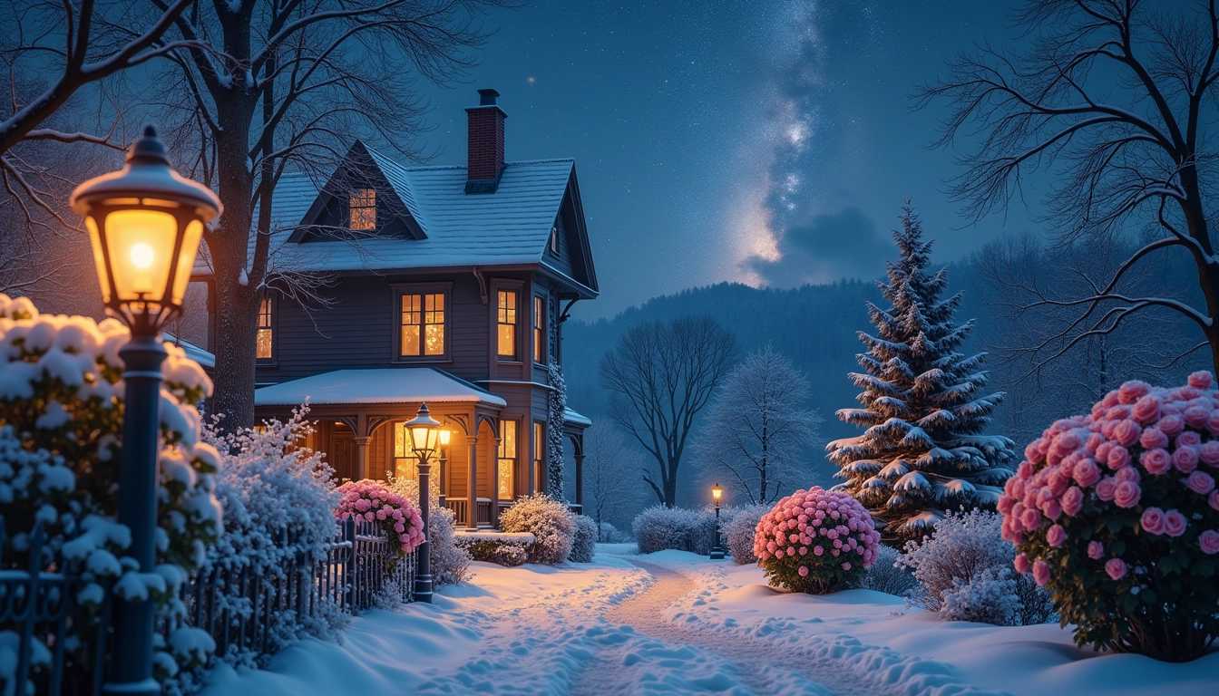 scenery style, A serene winter garden at night, featuring two elegant rose bushes delicately sprinkled with fresh snow, their petals slightly bowed under the weight. In the foreground, a picturesque snowy alley lined with vintage gas lamps flickers softly, casting a warm, inviting glow. The path meanders towards a stunning Victorian-style house, its windows aglow with golden light spilling outwards, illuminating the surrounding snow-covered landscape. A charming chimney puffs gentle wisps of smoke into the crisp night air, adding a cozy atmosphere. Above, the sky is a breathtaking canvas of stars, with the Milky Way stretching across, its luminous core shimmering against the deep indigo night. The scene exudes a tranquil, enchanting mood, perfect for evoking a sense of wonder and nostalgia.