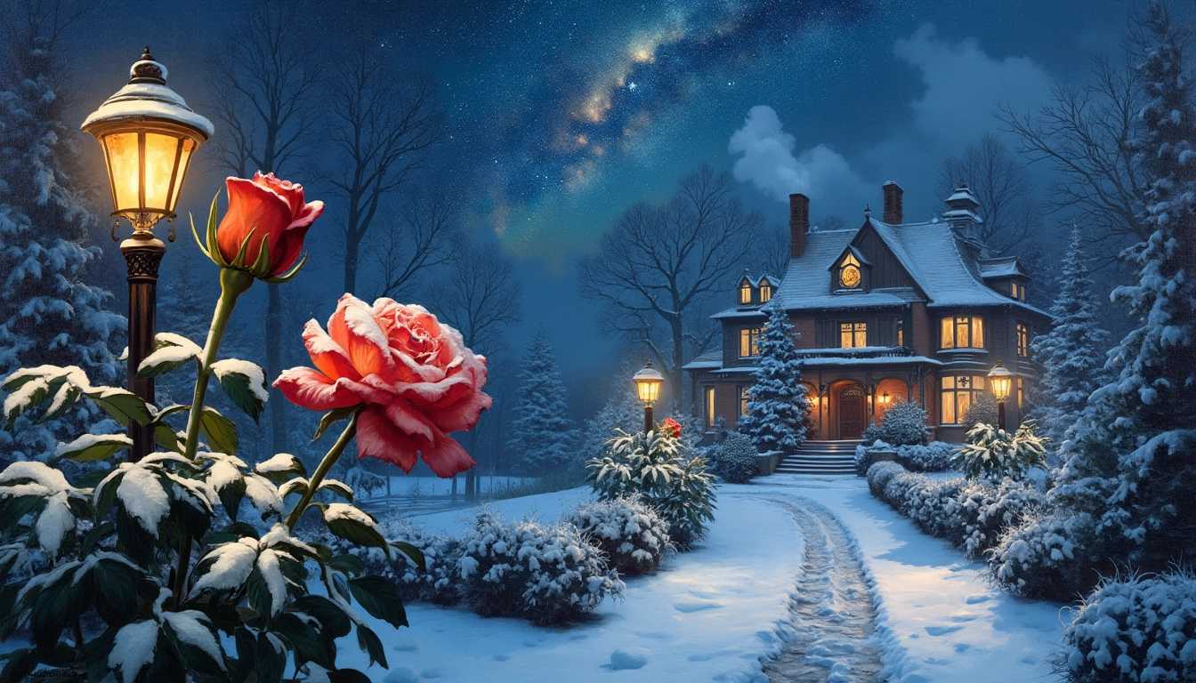 oil painting, A serene winter garden at night, featuring two elegant rose bushes delicately sprinkled with fresh snow, their petals slightly bowed under the weight. In the foreground, a picturesque snowy alley lined with vintage gas lamps flickers softly, casting a warm, inviting glow. The path meanders towards a stunning Victorian-style house, its windows aglow with golden light spilling outwards, illuminating the surrounding snow-covered landscape. A charming chimney puffs gentle wisps of smoke into the crisp night air, adding a cozy atmosphere. Above, the sky is a breathtaking canvas of stars, with the Milky Way stretching across, its luminous core shimmering against the deep indigo night. The scene exudes a tranquil, enchanting mood, perfect for evoking a sense of wonder and nostalgia.