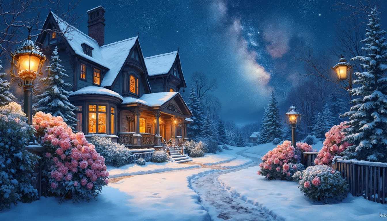 watercolor, A serene winter garden at night, featuring two elegant rose bushes delicately sprinkled with fresh snow, their petals slightly bowed under the weight. In the foreground, a picturesque snowy alley lined with vintage gas lamps flickers softly, casting a warm, inviting glow. The path meanders towards a stunning Victorian-style house, its windows aglow with golden light spilling outwards, illuminating the surrounding snow-covered landscape. A charming chimney puffs gentle wisps of smoke into the crisp night air, adding a cozy atmosphere. Above, the sky is a breathtaking canvas of stars, with the Milky Way stretching across, its luminous core shimmering against the deep indigo night. The scene exudes a tranquil, enchanting mood, perfect for evoking a sense of wonder and nostalgia.