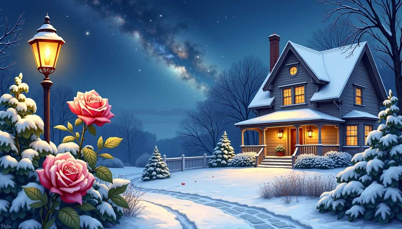 Watercolor illustration of a serene winter garden at night, featuring two elegant rose bushes delicately sprinkled with fresh snow, their petals slightly bowed under the weight. In the foreground, a picturesque snowy alley lined with vintage gas lamps flickers softly, casting a warm, inviting glow. The path meanders towards a stunning Victorian-style house, its windows aglow with golden light spilling outwards, illuminating the surrounding snow-covered landscape. A charming chimney puffs gentle wisps of smoke into the crisp night air, adding a cozy atmosphere. Above, the sky is a breathtaking canvas of stars, with the Milky Way stretching across, its luminous core shimmering against the deep indigo night. The scene exudes a tranquil, enchanting mood, perfect for evoking a sense of wonder and nostalgia.