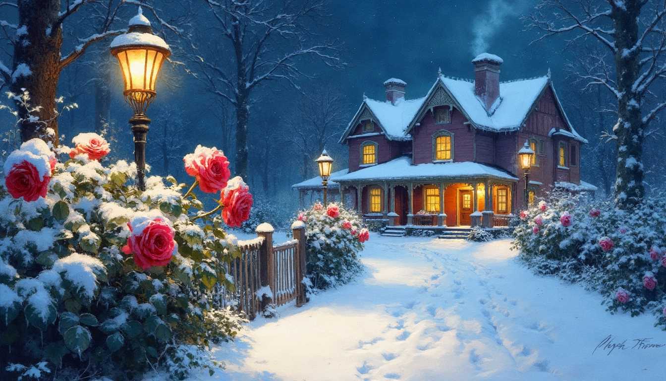 Watercolor painting of a serene winter garden at night, featuring two elegant rose bushes delicately sprinkled with fresh snow, their petals slightly bowed under the weight. In the foreground, a picturesque snowy alley lined with vintage gas lamps flickers softly, casting a warm, inviting glow. The path meanders towards a stunning Victorian-style house, its windows aglow with golden light spilling outwards, illuminating the surrounding snow-covered landscape. A charming chimney puffs gentle wisps of smoke into the crisp night air, adding a cozy atmosphere. Above, the sky is a breathtaking canvas of stars, its luminous core shimmering against the deep indigo night. The scene exudes a tranquil, enchanting mood, perfect for evoking a sense of wonder and nostalgia.