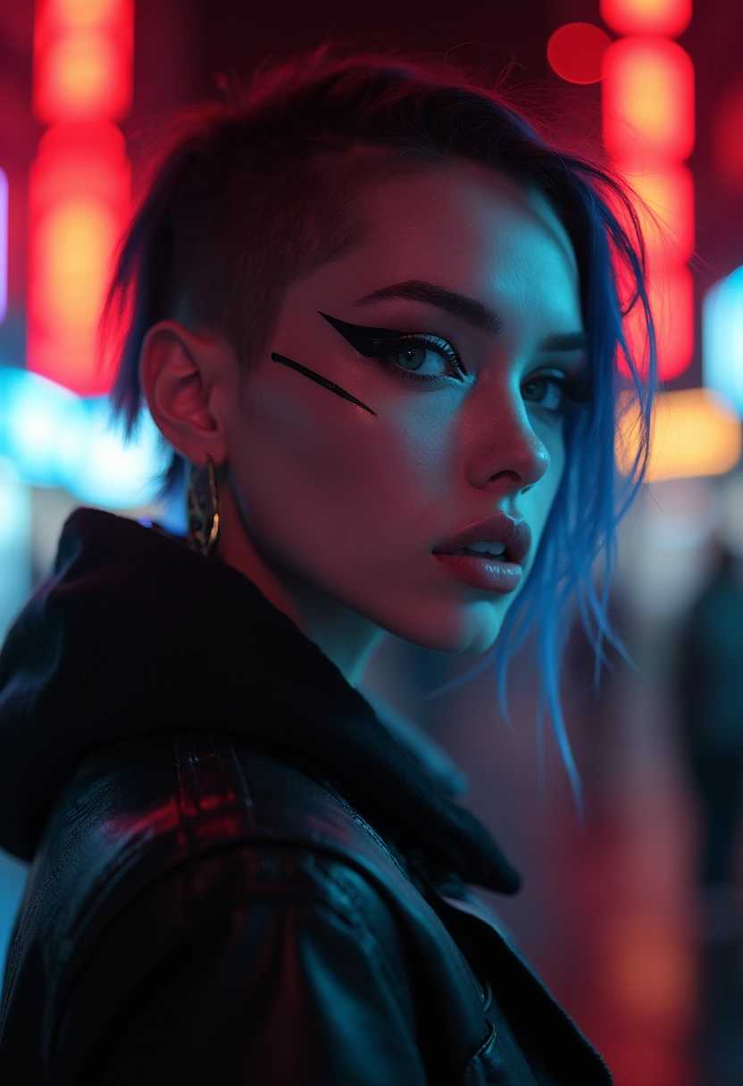 ultra realistic close up portrait ((beautiful pale cyberpunk female with heavy black eyeliner)), blue eyes, shaved side haircut, hyper detail, cinematic lighting, magic neon, dark red city, Canon EOS R3, nikon, f/1.4, ISO 200, 1/160s, 8K, RAW, unedited, symmetrical balance, in-frame, 8K