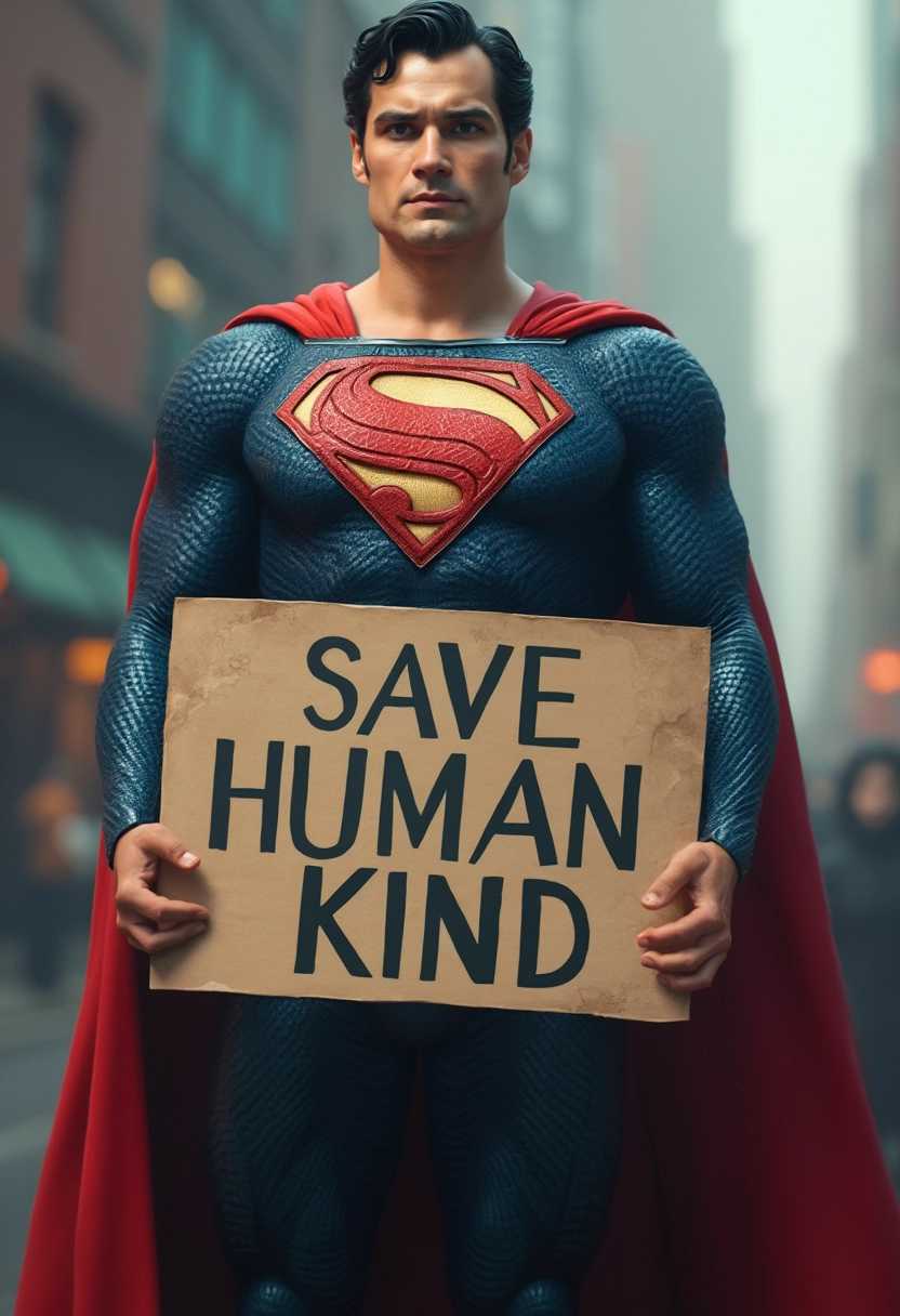 This image features a figure dressed in a detailed costume that is reminiscent of the superhero Superman, identifiable by the prominent S emblem on the chest. The character is standing against a blurred urban backdrop, with the focus on the foreground where the figure is prominently displayed. The art style appears to be a digital rendering, with a cinematic quality that gives the image a polished and realistic appearance.The medium seems to be a digital painting or a 3D model, given the smooth texture and lighting of the costume and the softness of the edges. The colors are rich and vibrant, with a predominance of blues, reds, and yellows, which are the primary colors of Supermans costume. The red cape of the costume stands out against the cooler tones of the background, drawing the viewers eye to the figure.The objects in the image are primarily the figures costume and the sign that is being held. The costume is textured to appear as if it is made of a fabric with a slight sheen, and the red cape is detailed with folds and creases that give it a sense of movement. The sign is a simple, rectangular frame with a beige background and black text that reads SAVE HUMAN KIND. The text is bold and capitalized, with a serif font that gives it a sense of gravitas and urgency. The sign is being held by the figures hands, which are visible at the bottom of the image, and it is positioned in front of the figure, drawing attention to the message.Overall, the image conveys a sense of heroism and urgency, with the figure standing as a beacon of hope and a call to action to save humanity. The use of color, lighting, and composition all contribute to the dramatic and impactful nature of the image.